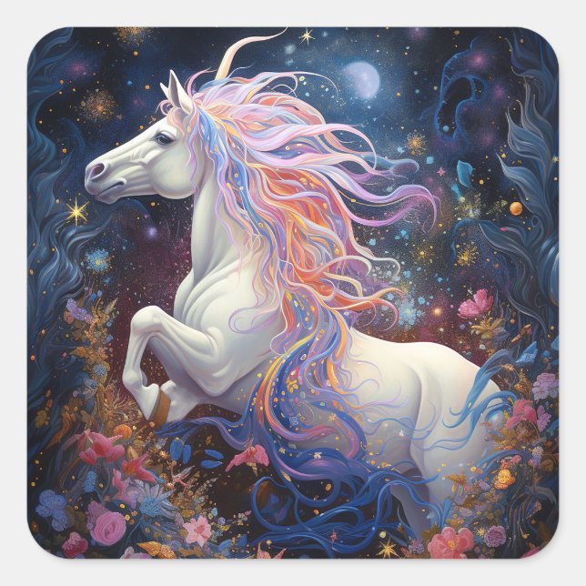 Pegatina Cuadrada Magnífico arte de fantasía de caballo blanco (Anverso)
