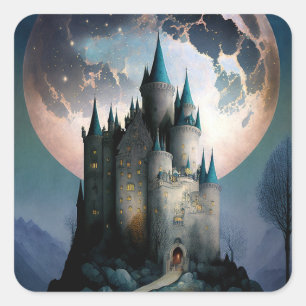 Pegatina Cuadrada Magnífico Castillo de Fantasía Luna llena