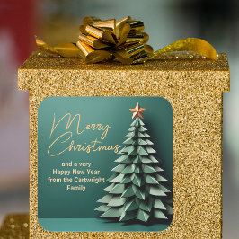 Pegatina Cuadrada Magnífico Oro Verde Árbol Fiesta navideño