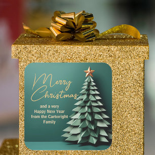Pegatina Cuadrada Magnífico Oro Verde Árbol Fiesta navideño