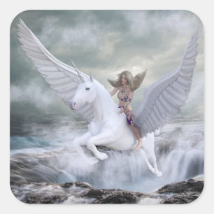 Pegatina Cuadrada Magnífico Unicornio místico y mujer