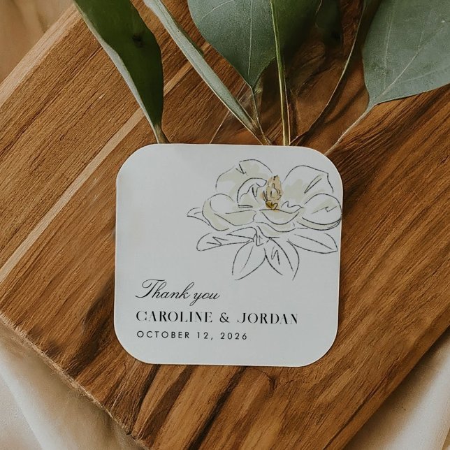 Pegatina Cuadrada Magnolia blanca Ilustracion Boda mínimo moderno (White Magnolia Illustration Modern Minimal Wedding Square Sticker)