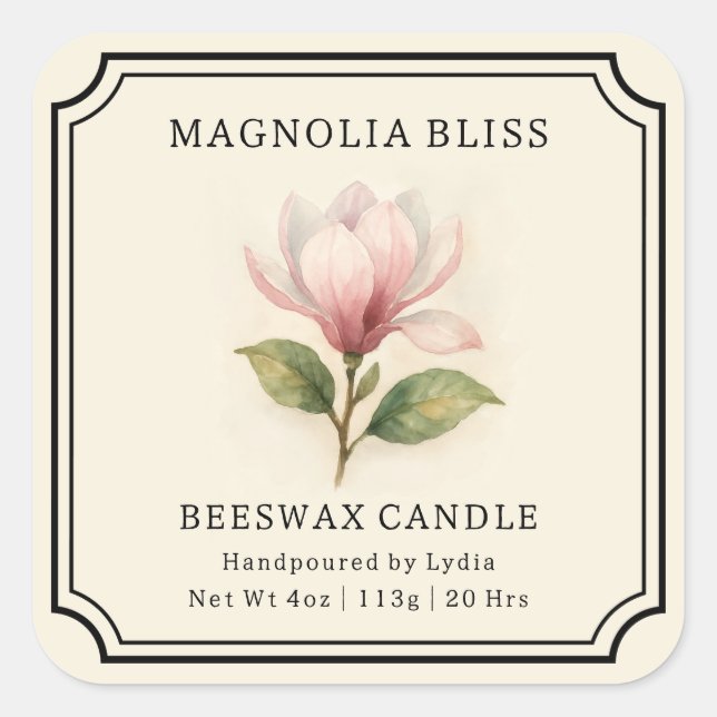 Pegatina Cuadrada Magnolia Bliss Beeswax Candle Business (Anverso)