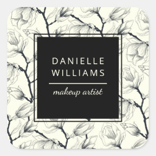 Pegatina Cuadrada Magnolia Botánica Elegante en Blanco y Negro