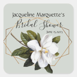 Pegatina Cuadrada Magnolia Bridal Shower con oro y sabio