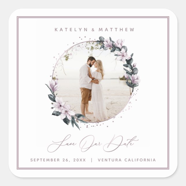 Pegatina Cuadrada Magnolia Floral & Mauve Circle Photo Save the Date (Anverso)