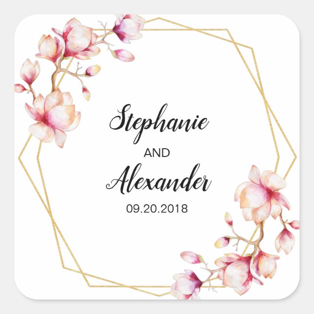 Pegatina Cuadrada Magnolia rosa del marco geométrico (Anverso)