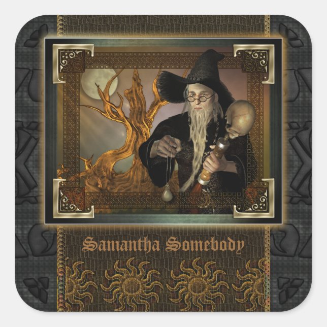 Pegatina Cuadrada Magos Magia Fantasía Ilustracion Bookplate (Anverso)