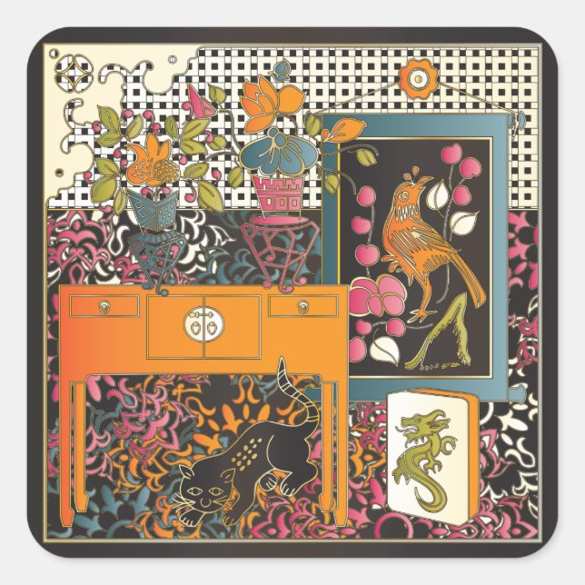 Pegatina Cuadrada Mah Jongg Naranja Table (Anverso)