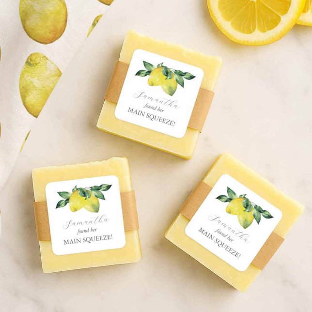 Pegatina Cuadrada Main Squeeze Bridal Shower Favor Stickers (lemon bridal shower favors stickers )