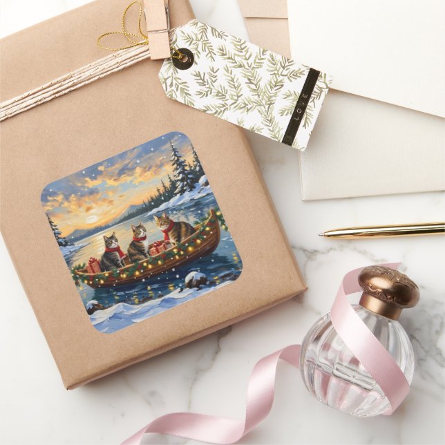 Pegatina Cuadrada Maine Coon Cat Christmas Boat Holiday (Regalar)