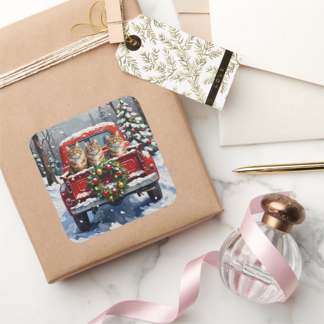 Pegatina Cuadrada Maine Coon Christmas Red Truck Holiday (Regalar)