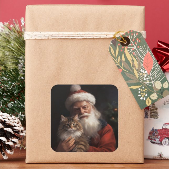 Pegatina Cuadrada Maine Coon Con Los Navidades Festividades De Santa (Vacaciones)