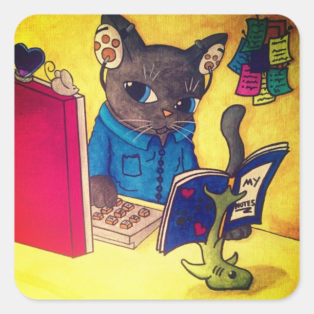 Pegatina Cuadrada Maine Coon Writer Cat (Anverso)