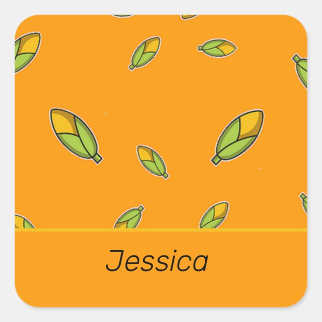 Pegatina Cuadrada Maíz con nombre personalizado en naranja (Anverso)