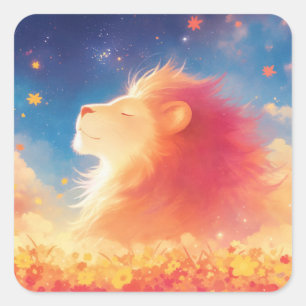 Pegatina Cuadrada Majestad del León Bajo un Cielo Estrellado