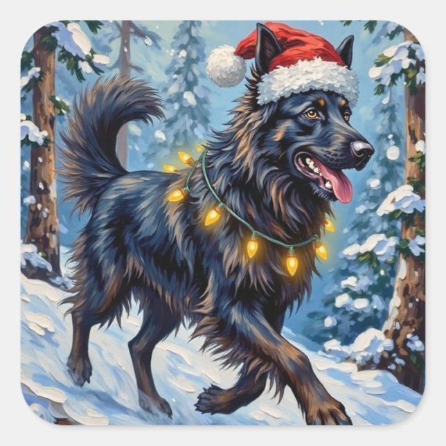Pegatina Cuadrada Majestic Belgian Shepherd Snow Forest Christmas (Anverso)