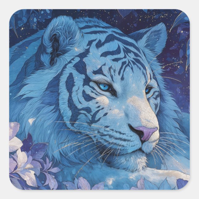 Pegatina Cuadrada Majestic Blue Tiger in Lush Lavender Garden (Anverso)