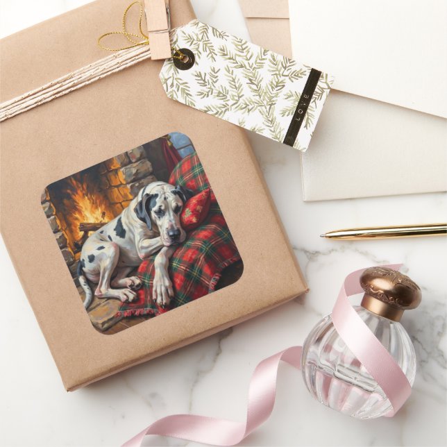 Pegatina Cuadrada Majestic Great Dane Asleep by Fireplace Cozy (Regalar)