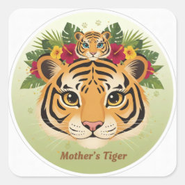 Pegatina Cuadrada Majestic Mother Tiger and Cub Floral Sticker - Maa