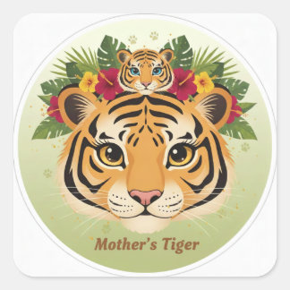 Pegatina Cuadrada Majestic Mother Tiger and Cub Floral Sticker - Maa
