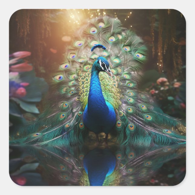 Pegatina Cuadrada Majestic Plume Peacock (Anverso)