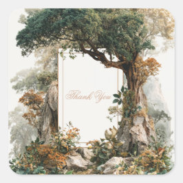 Pegatina Cuadrada Majestuoso Árbol Antiguo Bosque Rocoso Marco Dorad