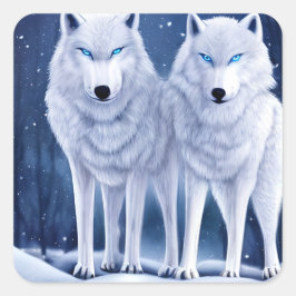 Pegatina Cuadrada Majestuoso Arte de Lobos Árticos Blancos