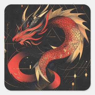 Pegatina Cuadrada Majestuoso Arte Dragón Chino Rojo y Oro