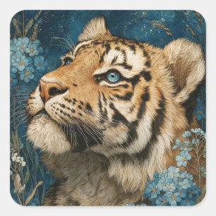 Pegatina Cuadrada Majestuoso Joven Tigre Mirando Hacia Arriba en Jar