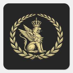 Pegatina Cuadrada Majestuoso León Alado Heráldico Crest Emblema Dora