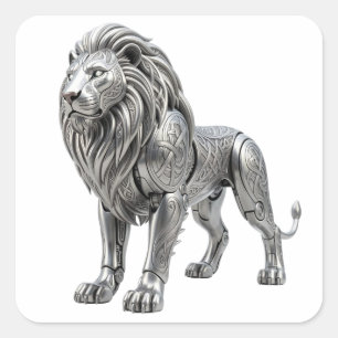 Pegatina Cuadrada Majestuoso León de Plata Celta con Intrincado Nudo