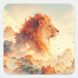 Pegatina Cuadrada Majestuoso León Entre Nubes Radiantes