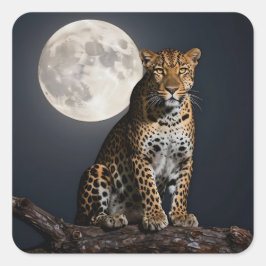 Pegatina Cuadrada Majestuoso leopardo y luna llena
