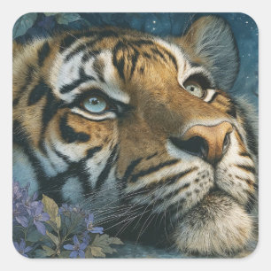 Pegatina Cuadrada Majestuoso Tigre Asomándose a Través de Flores Sil
