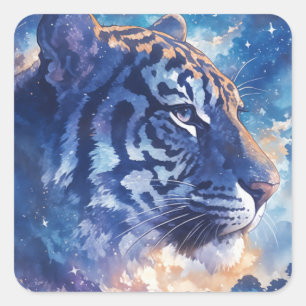 Pegatina Cuadrada Majestuoso Tigre Bajo el Cielo Nocturno Celestial