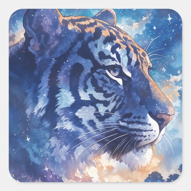 Pegatina Cuadrada Majestuoso Tigre Bajo el Cielo Nocturno Celestial (Anverso)
