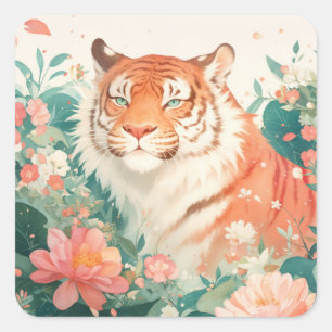Pegatina Cuadrada Majestuoso Tigre en Jardín Botánico de Flores