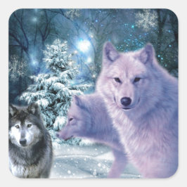 Pegatina Cuadrada Majestuosos lobos salvajes en el bosque