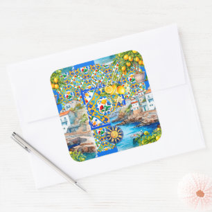 Pegatina Cuadrada Majólica, limón, azulejos sicilianos,