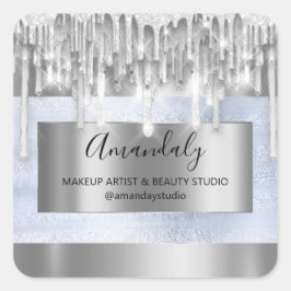 Pegatina Cuadrada Makeup Beauty Purpurina Marco plateado Gracias