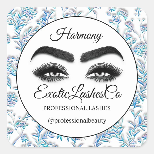 Pegatina Cuadrada Makeup Eyelash Cleaner Floral Azul Blanco (Anverso)