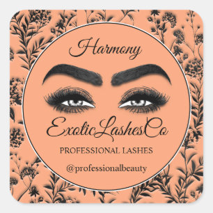 Pegatina Cuadrada Makeup Eyelash Cleaner Floral Black Naranja