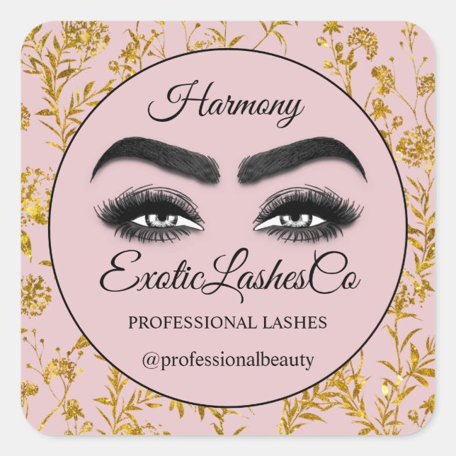 Pegatina Cuadrada Makeup Eyelash Cleaner Floral Black Rosa Gold (Anverso)