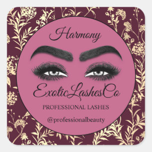 Pegatina Cuadrada Makeup Eyelash Cleaner Floral Gold Rosa rosa