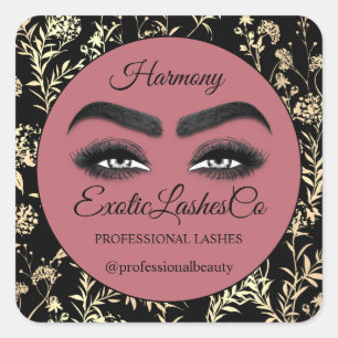 Pegatina Cuadrada Makeup Eyelash Cleaner Floral Rosa enmarcado negro