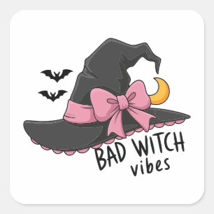 Pegatina Cuadrada Malas Vibras de Bruja – Sombrero de Bruja Adorable
