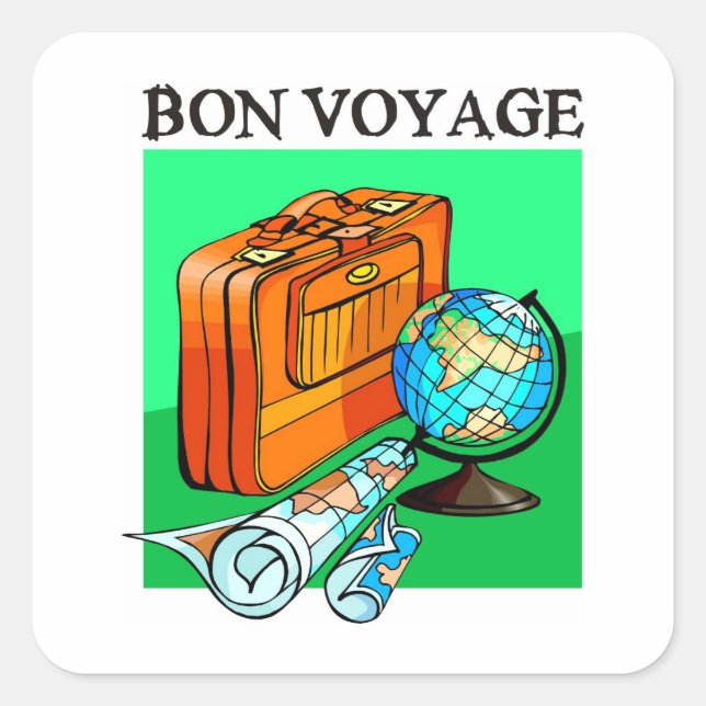 Pegatina Cuadrada Maleta, equipaje, mapa y globo: ¡Bon Voyage! (Anverso)