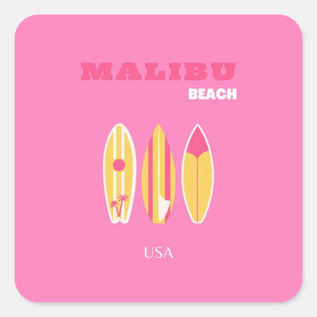 Pegatina Cuadrada Malibu, Malibu Beach, California, Preppy, Pink (Anverso)