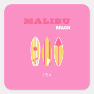 Pegatina Cuadrada Malibu, Malibu Beach, California, Preppy, Pink